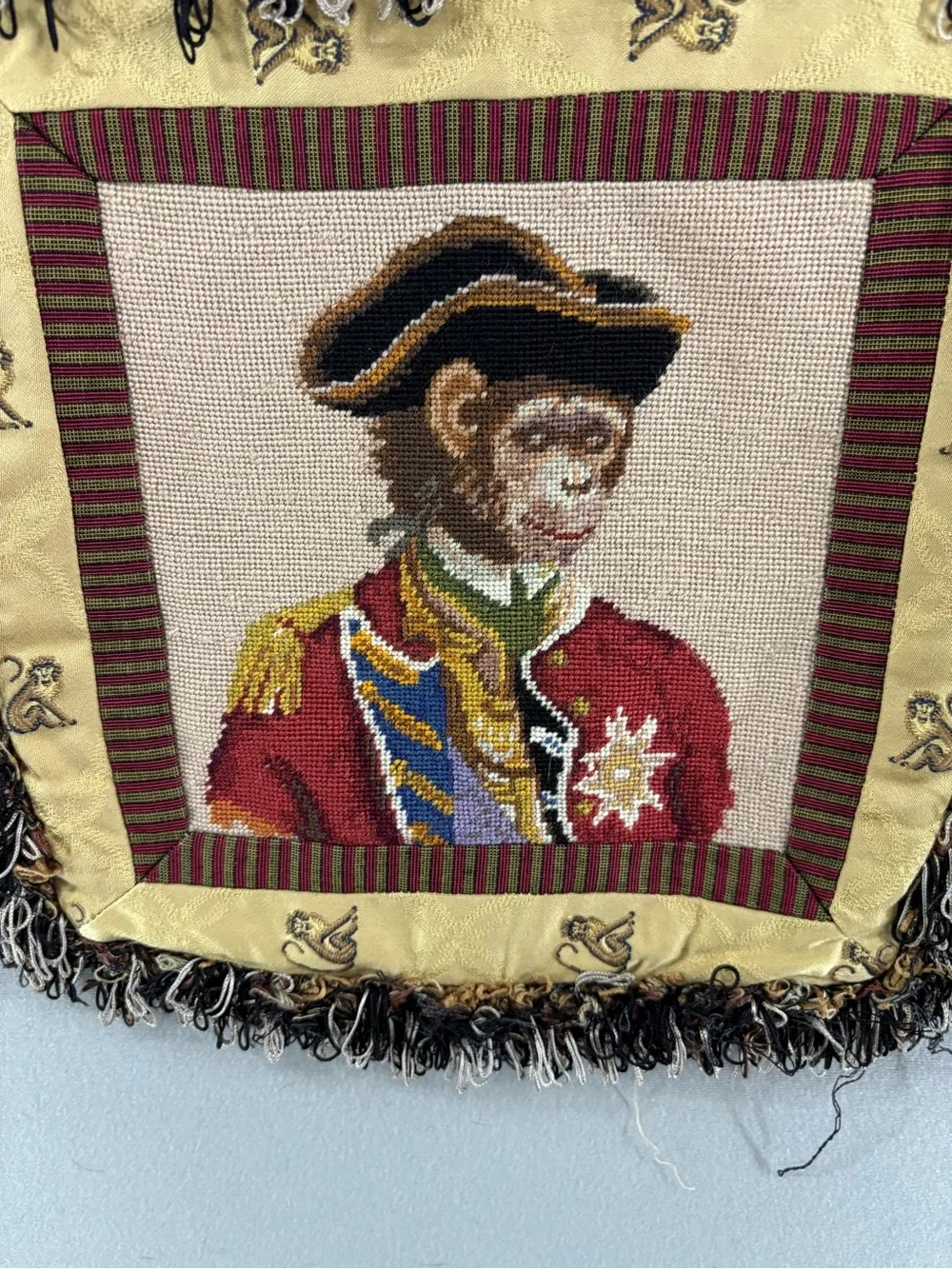 Vtg Needlepoint  Regal Ralph Monkey Pillow 12' Fun Fringe Pillow Cover